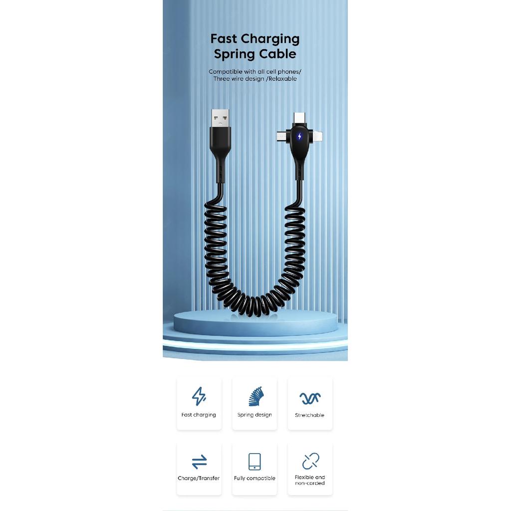 3 in 1 66W 6A Fast Charging USB Type C Cable Micro USB Spring Car Charger For iPhone Xiaomi  Samsung Phone Charger Cord