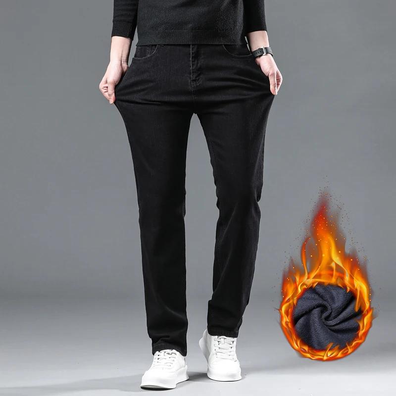 Autumn Winter Men Black Straight Stretch Denim Thick Velvet Pants Warm Jeans Casual Fleece Line Trousers Male Plus Size