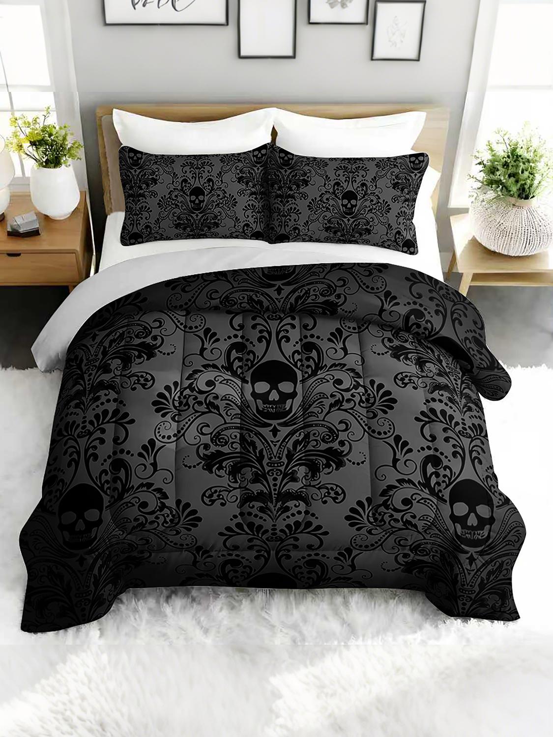 Комплект из 3 предметов с готическим узором в виде черепов: одеяло и 2 наволочки - Постельное белье со скелетами для спальни или гостевой комнаты 240x220cm