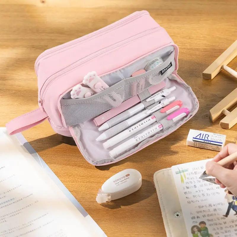 Astuccio Nero ad Alta Capacità Porta Penne Colore Unico Righello Custodia in Tela Materiale Scolastico Porta Regali Organizzatore a 2 Strati In