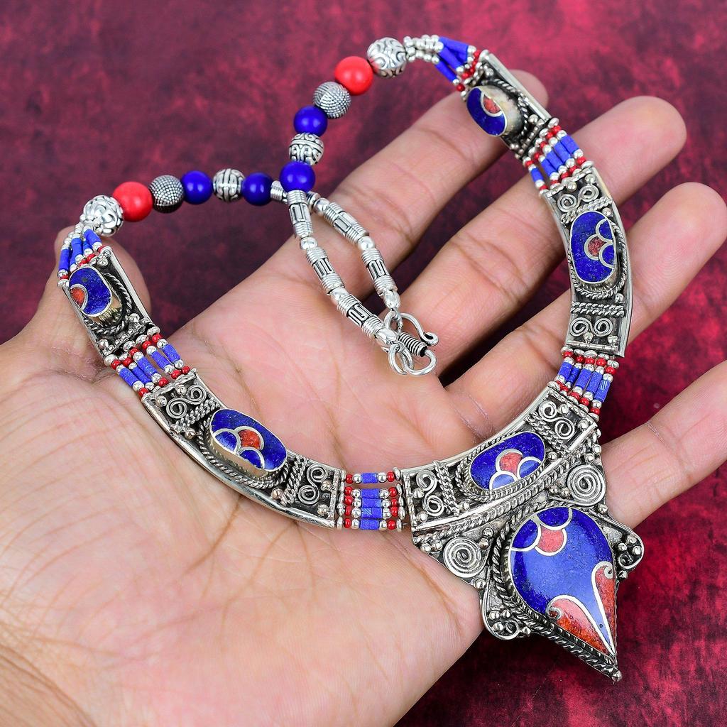 Lapis Lazuli, Coral Necklace Handmade Nepali Jewelry, 925 Solid Sterling Silver Necklace Designer Gemstone Jewelry, Necklace Gift For Mom