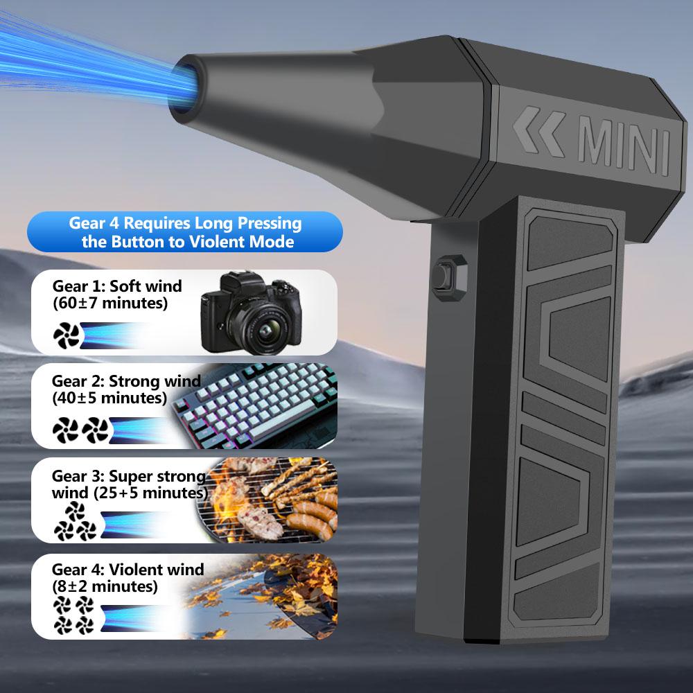 პორტატული ელექტრო ჰაერის გამწმენდი საწმენდი ჰაერის ნაკადის ინსტრუმენტი მტვერსასრუტი მანქანის გასაწმენდად თოვლის გასაბერად 4 სიჩქარით რეგულირებადი ტურბო რეაქტიული ვენტილატორის ტიპი Type-C დამუხტვა