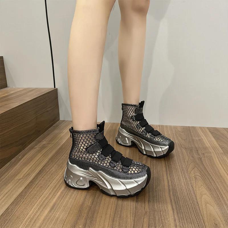 Fashion 7cm Air Mesh Denim 2024 Synthetic Breathable Ankle Boots Summer Hollow Ziper Boots Woman Fashion Shoes Comfortable Sandals