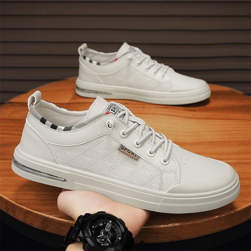 

2024 spring new flat baseplate shoes lace-free white shoes trendy men s casual men s shoes leather waterproof shoes 44 бежевий