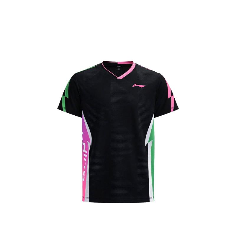 

Li-Ning Badminton Series Competition Top Quick-Dry Breathable Two-Color V-Neck Lightning Pattern Colorful Short Sleeve T-Shirt Unisex tops AAYW059-1 M