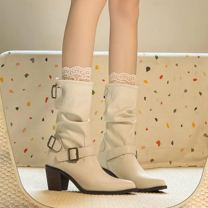 Pointed thick heel white short boots women's new British style belt buckle Martin boots temperament medium tube stack short boots