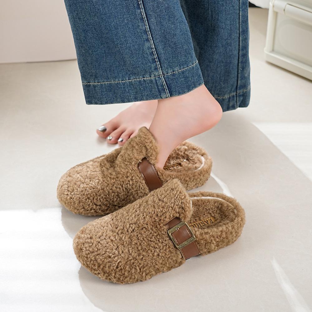Luxury Furry Lambswool Slippers Woman Cover Toe Mules Shoes Winter Slip on Sliders House Pantuflas Mujer Curly Wool Fur Loafers