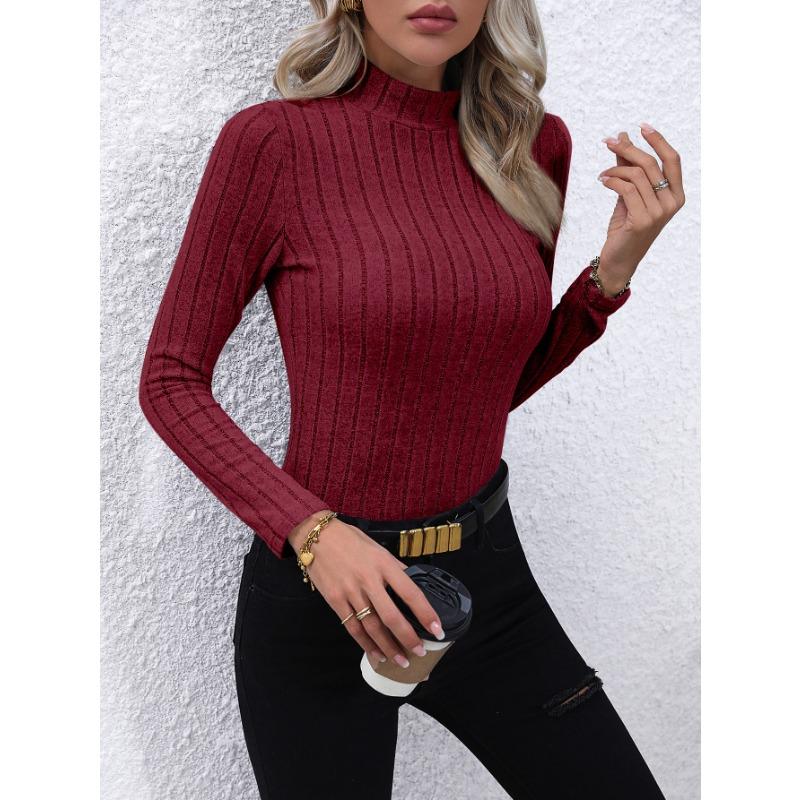 Solid Color Faux Neck Ribbed T-Shirt, Elegant Long Sleeve Slim Fit Hundred Tops for Women