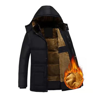 Men Cotton Coat Stand Collar Hooded Long Sleeve Zipper Buttons Placket Jacket Coat Solid Color Thickened Plush Lining Mid-Length Jacket