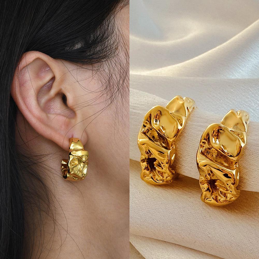 Stainless Steel 18k Gold Threaded Earrings C-Shaped Croissant Folds Irregular Exaggerated Texture Stud Earrings