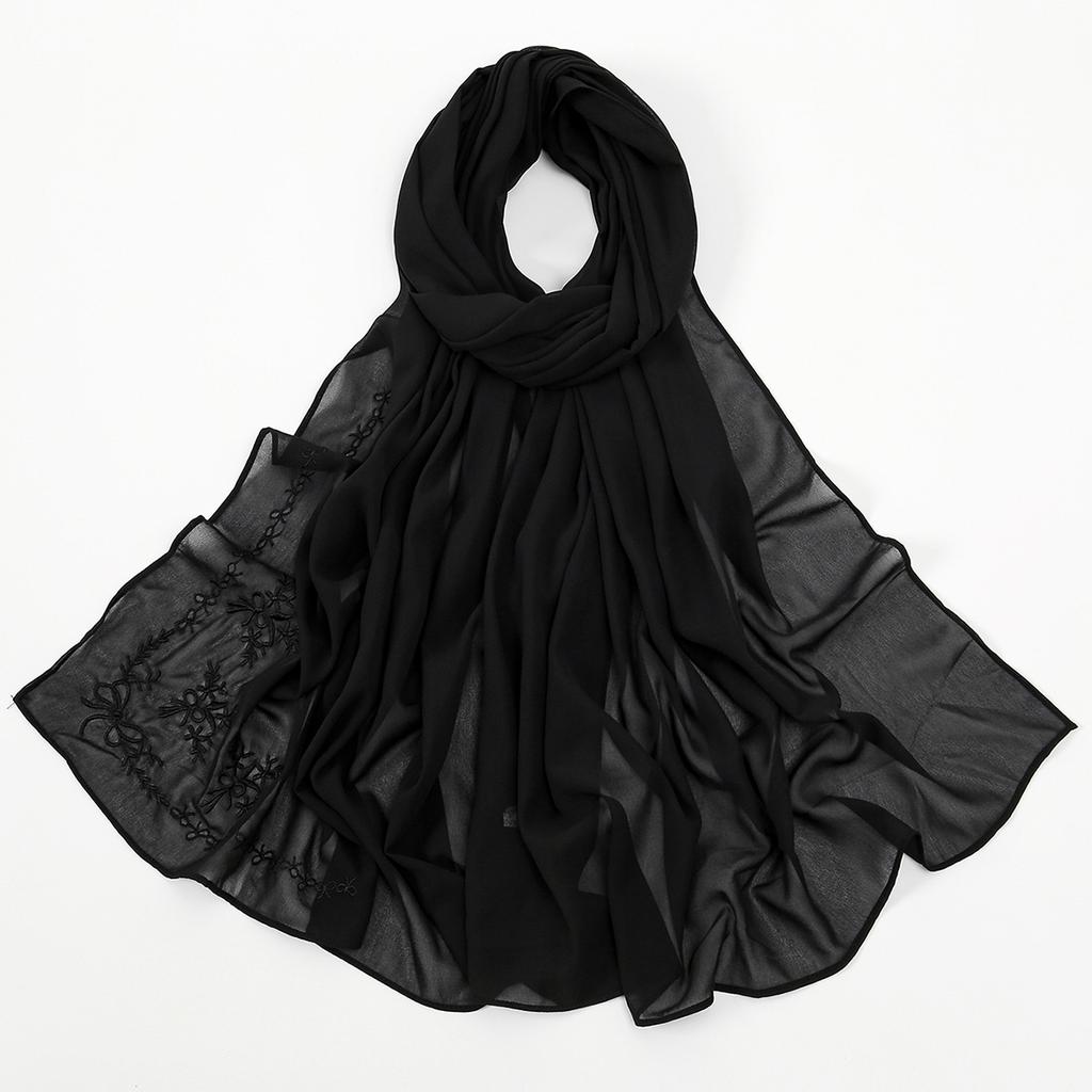 Muslim Woman Chiffon Hijab Scarf With Butterfly Embroidered Fashion Long Wraps Islam Turban Female Shawl Headscarf