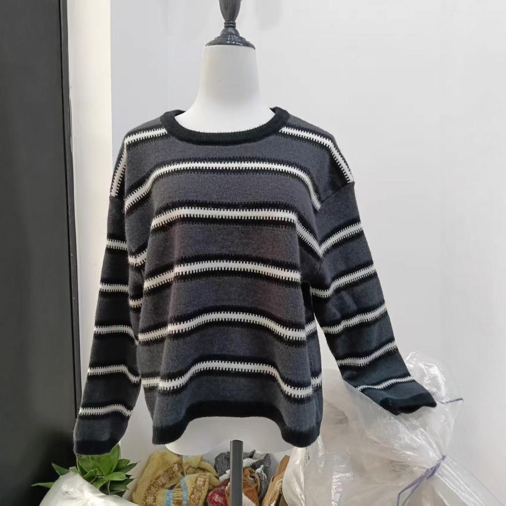 Striped Long-sleeved Pullover Women's Clothing New Autumn and Winter Lazy Style Retro Contrasting Color Knitted Sweater