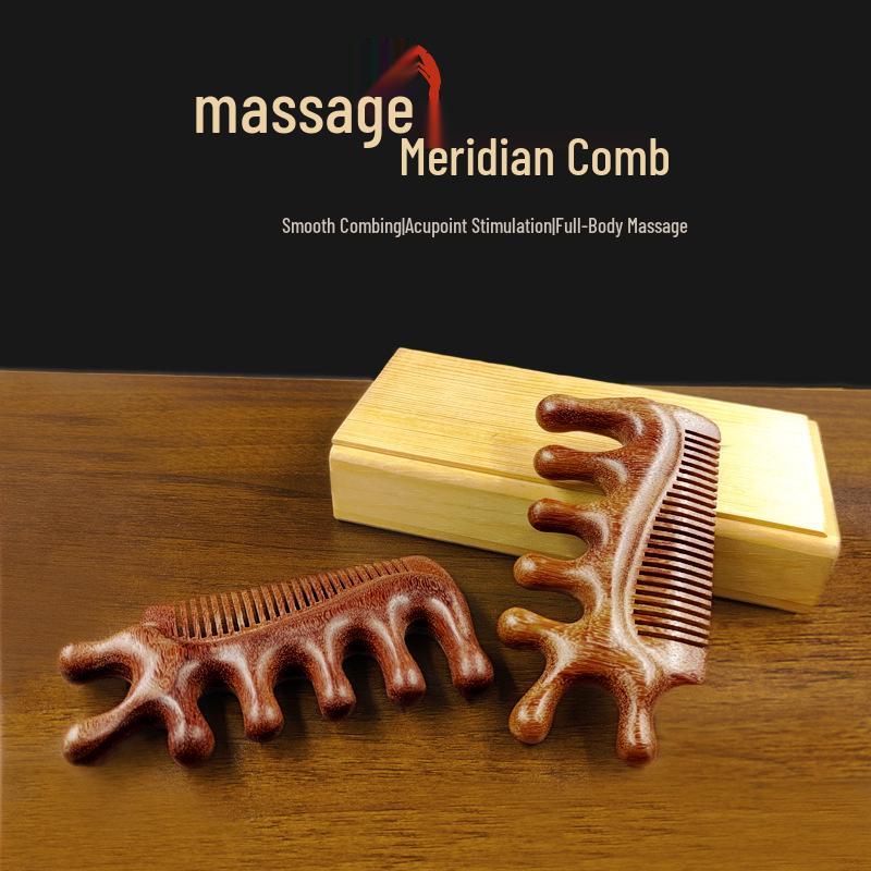 Sandalwood Anti-static Multi-functional Massage Comb with Gua Sha, Five-tooth Head, and Three-in-One Design