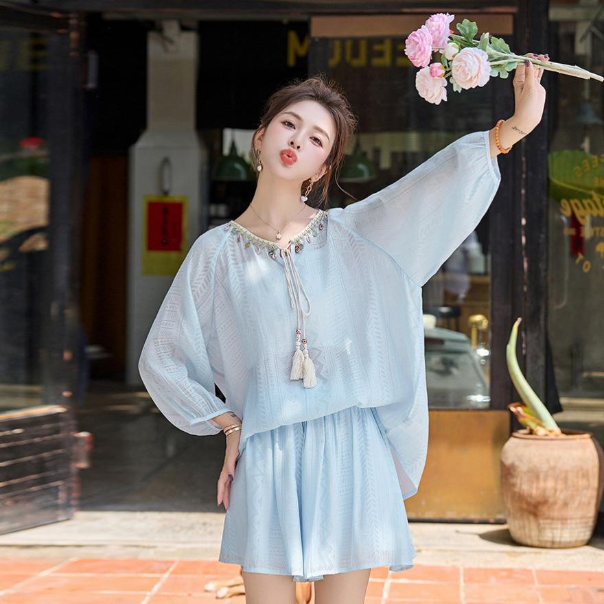 

красивый маленький костюм женский новый повседневный темперамент свободное ощущение носить солнцезащитная рубашка шорты комплект из двух предметов L светло-синий