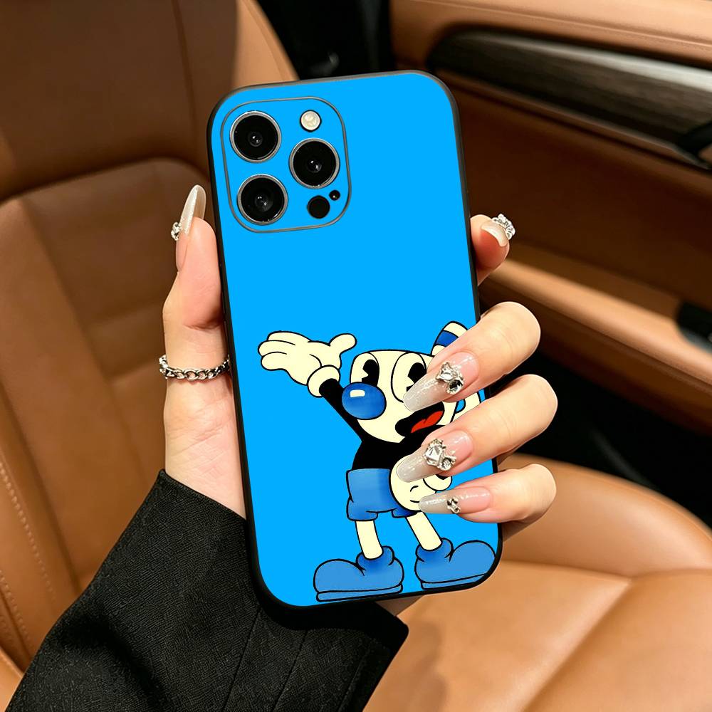 Cute CupHead And MugMan Phone Case For iPhone 12 13 14 15 16 17 Pro Max, Lightweight and Practical Soft Black Cover