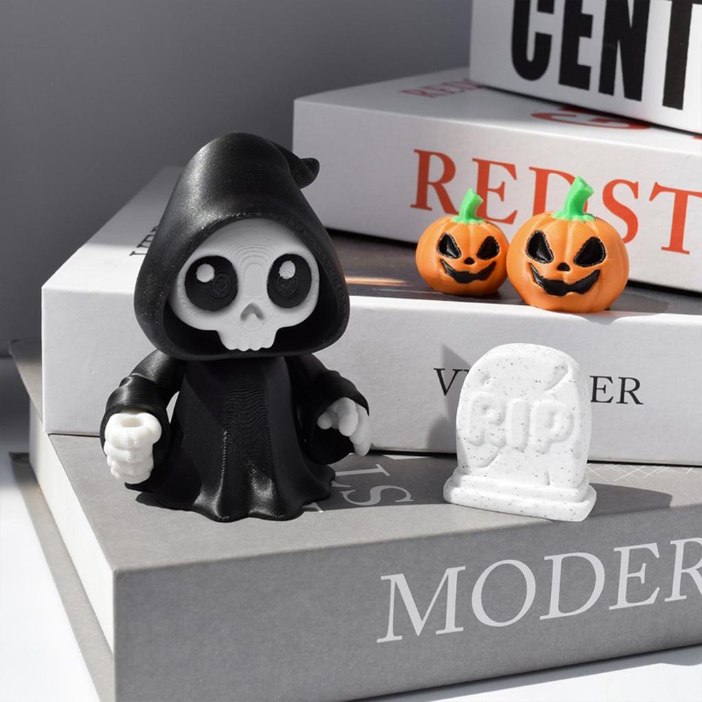 Halloween Decoration Set, Cute Grim Figurine With Pumpkins And Accessories, 3.46 Inch Height