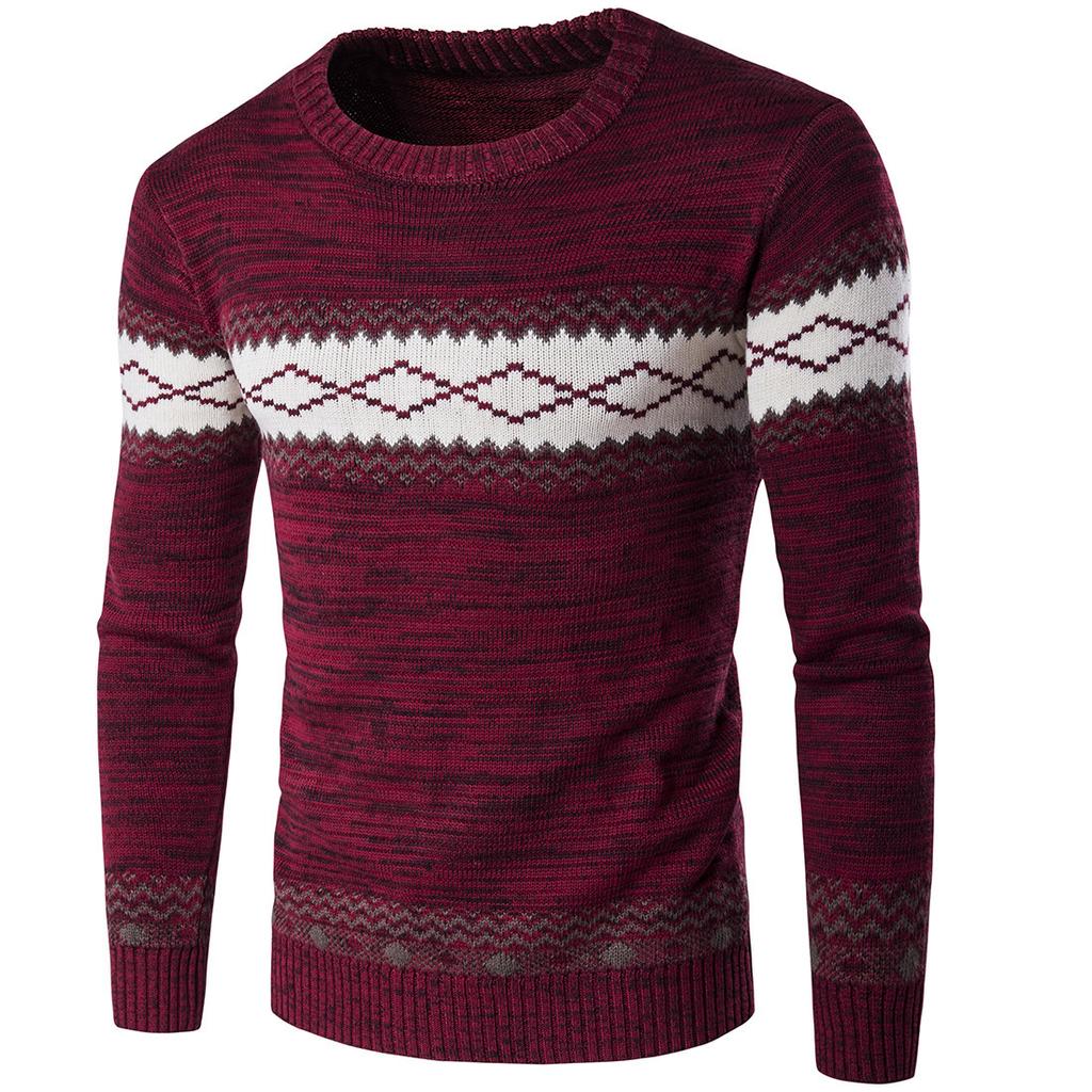 Fashion Ethnic Style Slim Bottoming Knitted Sweater Men's Color Blocking Round Neck Sweater Plus Size