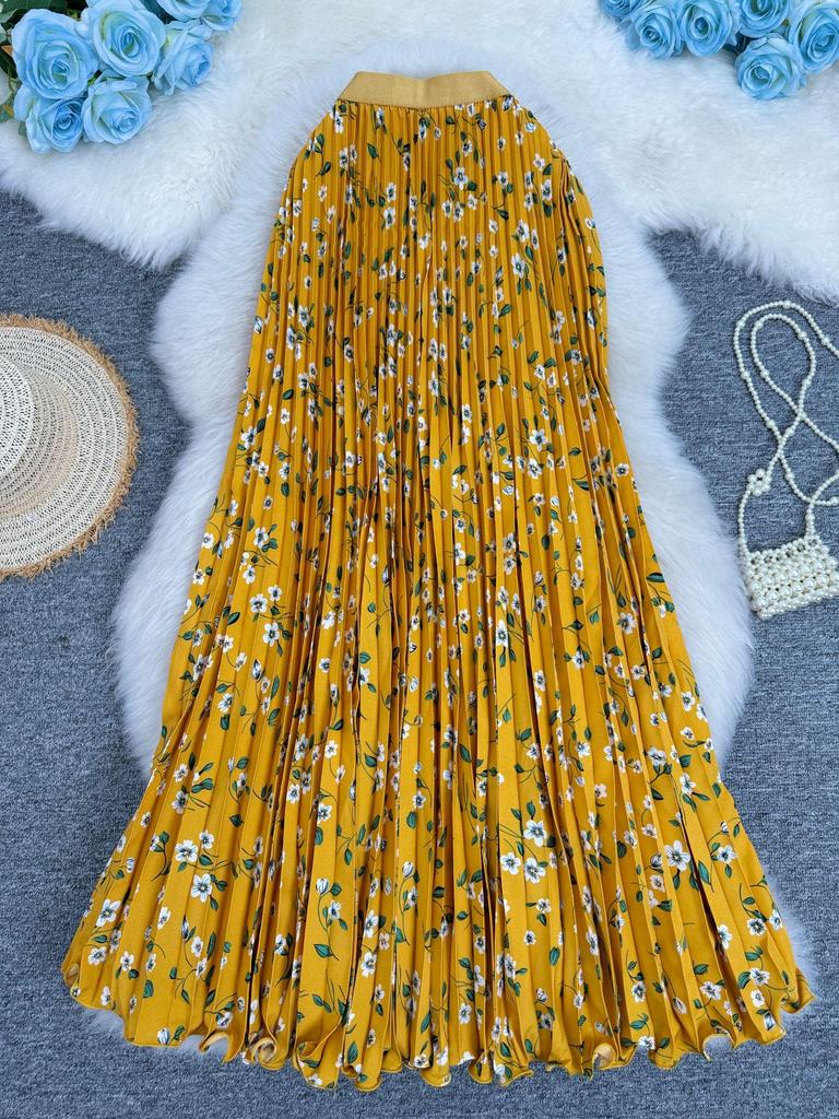 European & South African Cross-border 3D Floral Pleated A-line Midi Skirt for Women