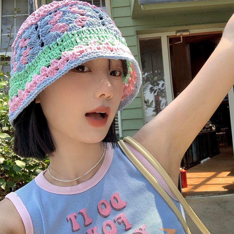 Japanese-style knitted hollow floral bucket hat for women, sweet and versatile for spring and summer, handmade large head circumference fisherman hat