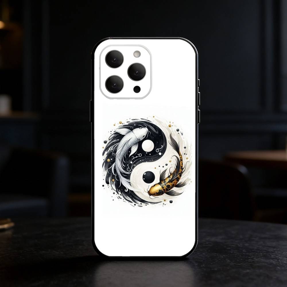 Koi Carp Fish Yin Yang Art Phone Case For iPhone 17,16,15,14,13,12,11 Plus,Pro,Max,Mini Silicone Black Soft Cover