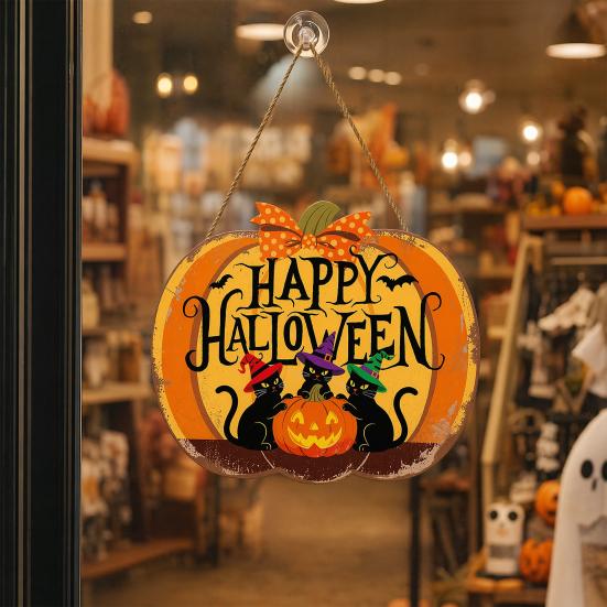 Happy Halloween Door Sign, Spooky Wooden Pumpkin Front Door Hanger for Farmhouse Porch Wall Hanging Decor