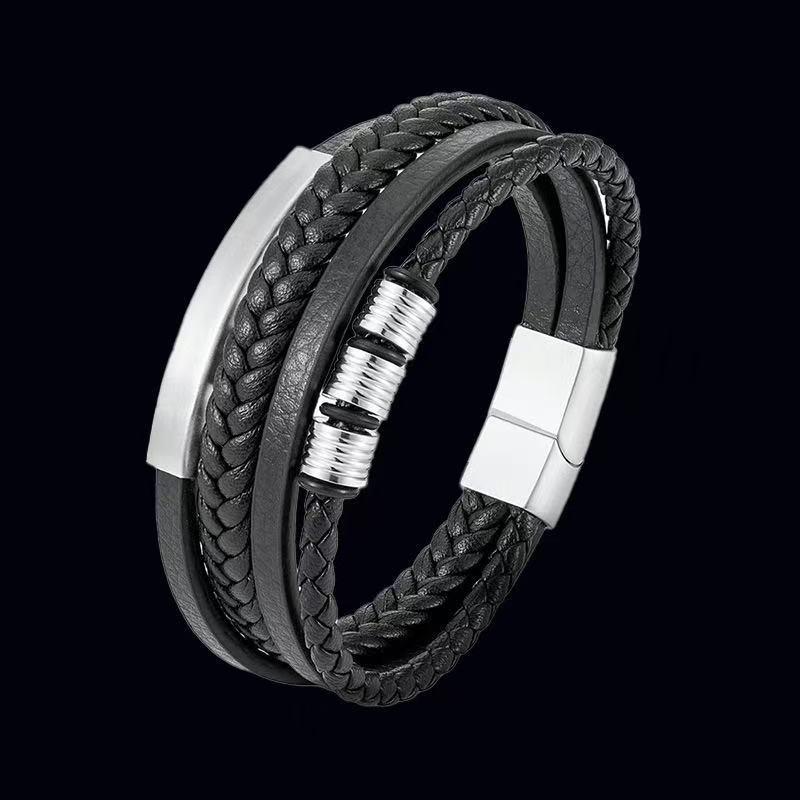 Men's Handmade Black Cowhide Leather and Titanium Steel Multi-layer Bracelet