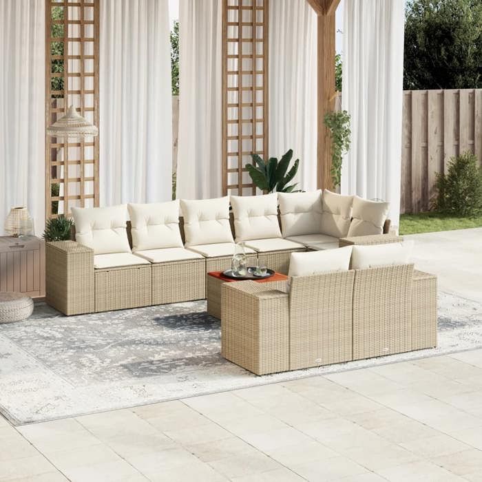 VidaXL Salon de Jardin avec Coussins 9 pcs, Canapés de Terrasse, Ensemble de Meubles de Patio, Mobilier d'Extérieur, Beige 3225533