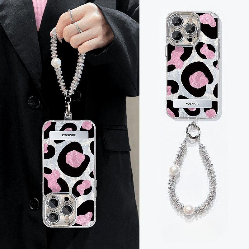 Niche Sweet Cool Black Pink Leopard Print Feather Yarn Suitable for Iphone16promax Mobile Phone Case Holder Apple 15 Protective Cover
