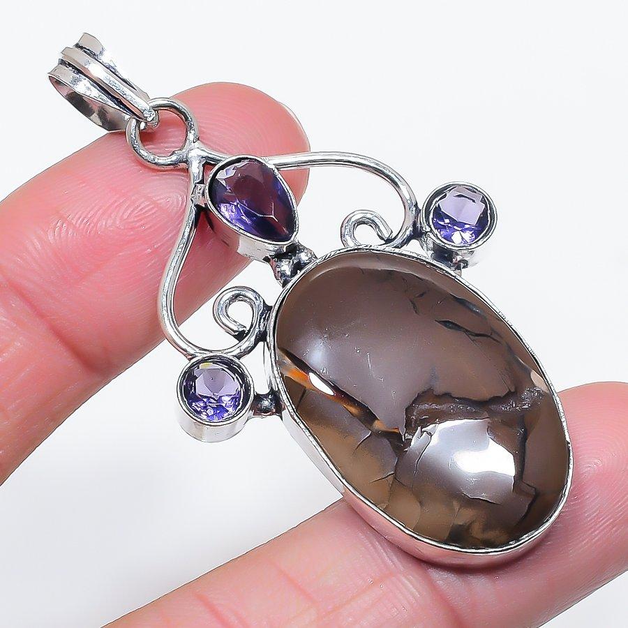 Boulder Opal, Citrine Gemstone 925 Sterling Silver Jewelry Pendant 2.40"