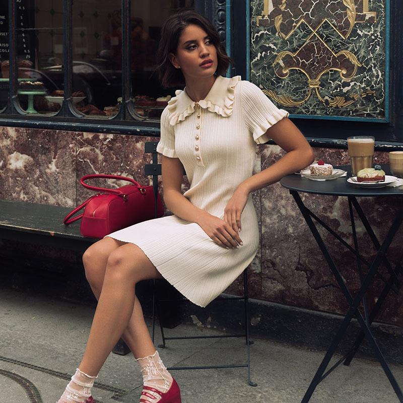 Women's Knitted Dress Summer High Waist Short Sleeve Ruffle Neck Bodycon Dresses Femme Slim Vacation Clothes French Vintage Elegant Evening Dress