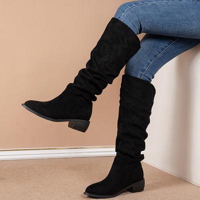 Solid Color Comfortable Fashion Knee-high Fashion Boots Round Head Square Heels Increase Large Size Winter High Boots