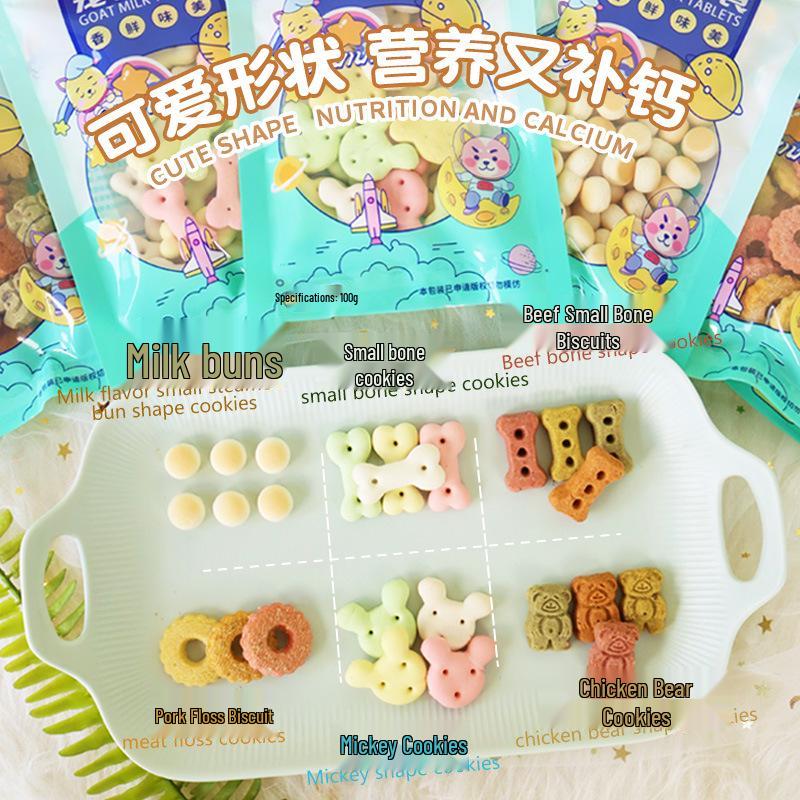 Dog Teething Cleaning Biscuits - Multi-Flavor (Chicken, Beef, Calcium, Milk), Deodorizing Mini Buns, 100g