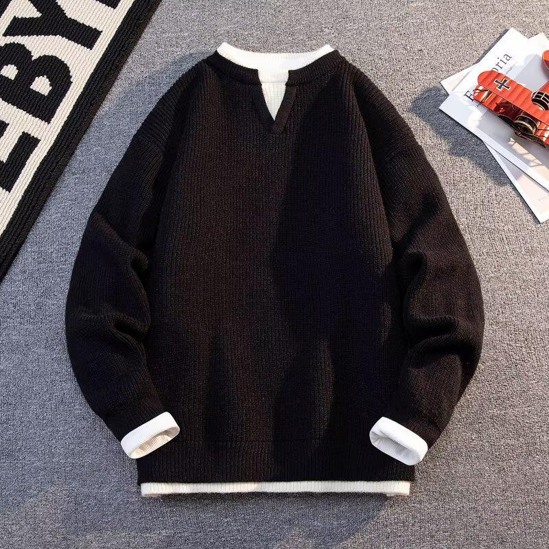 Men s Winter Patchwork Color Block Layered Sweater - Casual, Versatile, Warm Round Neck Knitwear L
