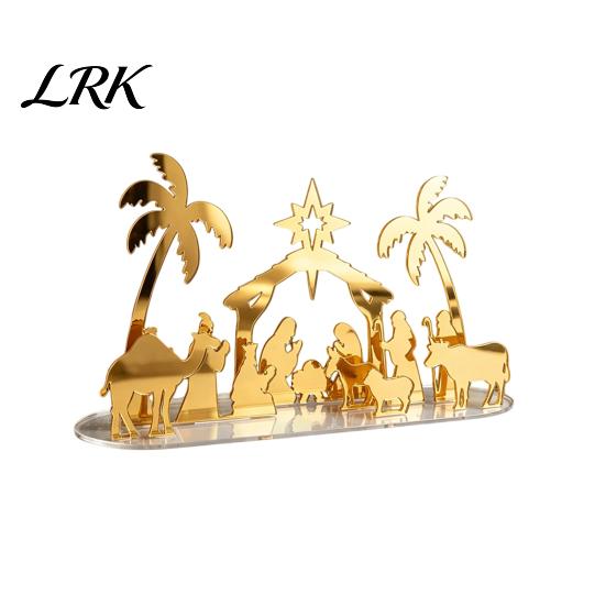 Decorative Table Accents Christmas Acrylic Ornament, Mirrored Golden Silhouette Scene, Gold Mirror Holiday Sign Desktop Display for Living Room