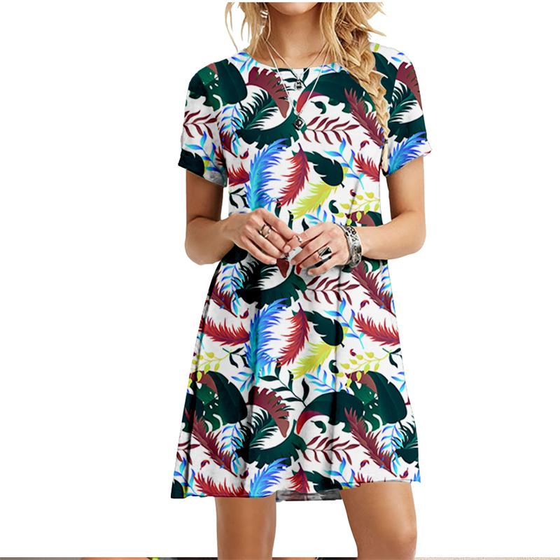 S-6XL Plus Size Dresses For Summer Women Beach Dress Palm Leaves Feather Print Dress Streetwear Casual Loose Ladies Dress