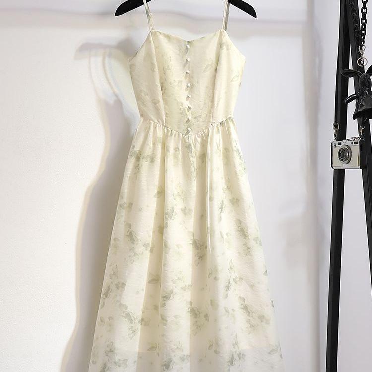 Women's Green Floral Cardigan & Camisole Dress Set - Spring/Summer Seaside Vacation Collection
