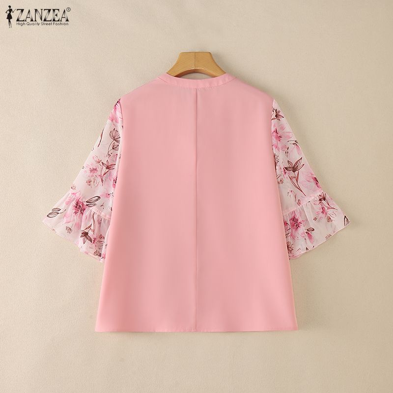 ZANZEA Women Casual V-Neck Floral Print Splice 3/4 Sleeve Loose Blouse