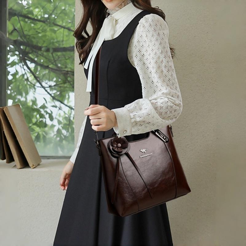Retro PU Leather Handbags for Women Flower Decor Women's Shoulder Bag Leather Tote Bag