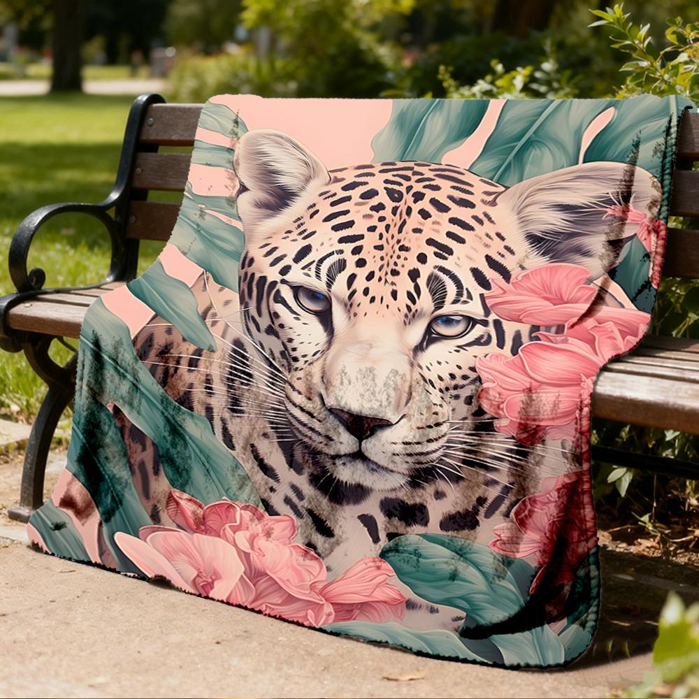 1pc Leopard Floral Print Outdoor Soft Polyester Flannel Throw Blanket Versatile for All Seasons , Soft , Cozy , Warm All Season Quilted Throw ,