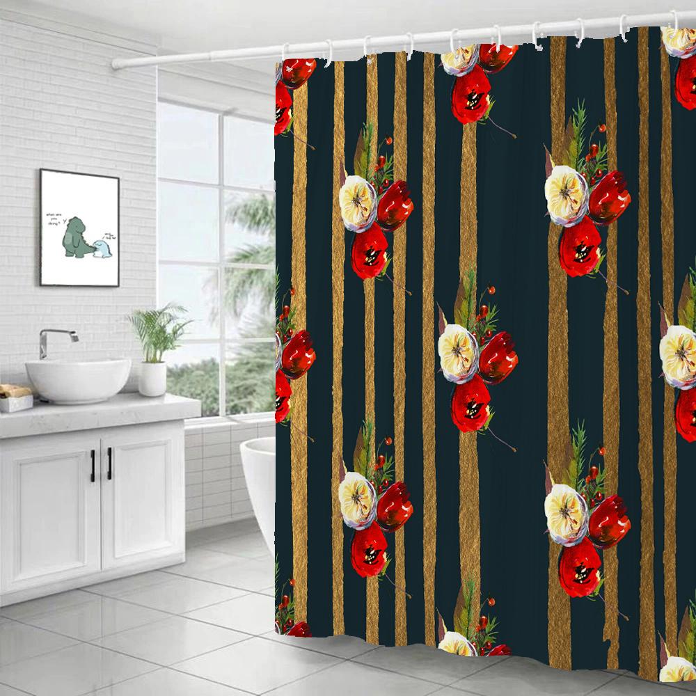 1Pcs black gold flowers waterproof shower curtain, elegant and luxurious floral shower curtains bathroom decoration, with hooks W90xH180cm