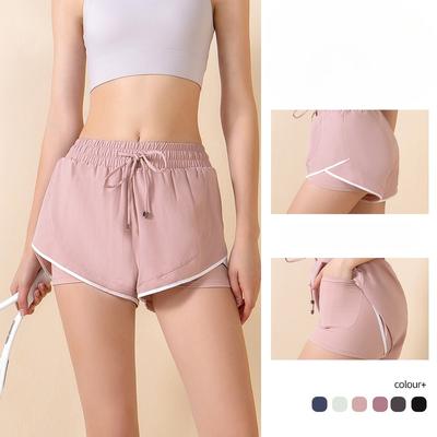 Frühling und Sommer Damen Neue Schnelltrocknende Lauf-Trainings-Fake-Zweiteiler Anti-Walking Hüfthebende Hohe Taille Fitness Yoga Split Sportshorts