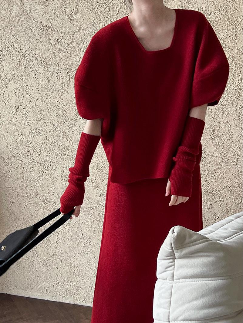 

Luxi Женский трикотажный комплект осень/зима: Топ с рукавами-фонариками и юбкой в стиле «ленивый» (СС646) One Size