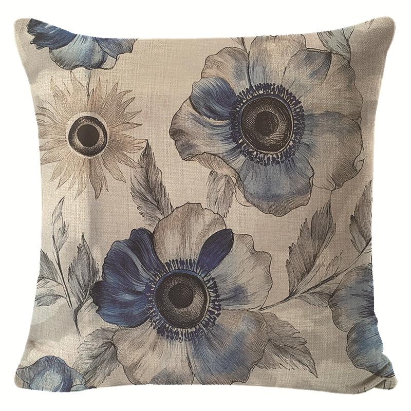 Blue Ink-wash Floral Linen Pillowcase for Living Room Sofa Decoration, Pillow Cover with Label