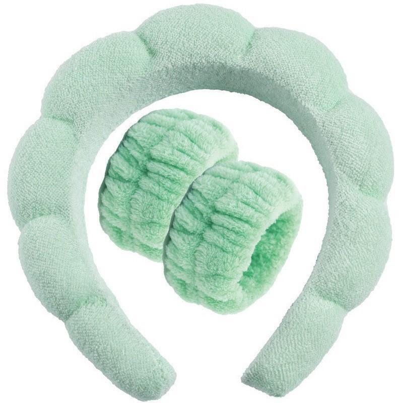 Wash Face Headband & Wrist Band Set 3 Pcs Soft Fluffy Absorbent for Skincare Makeup Shower Spa Facial Cleansing