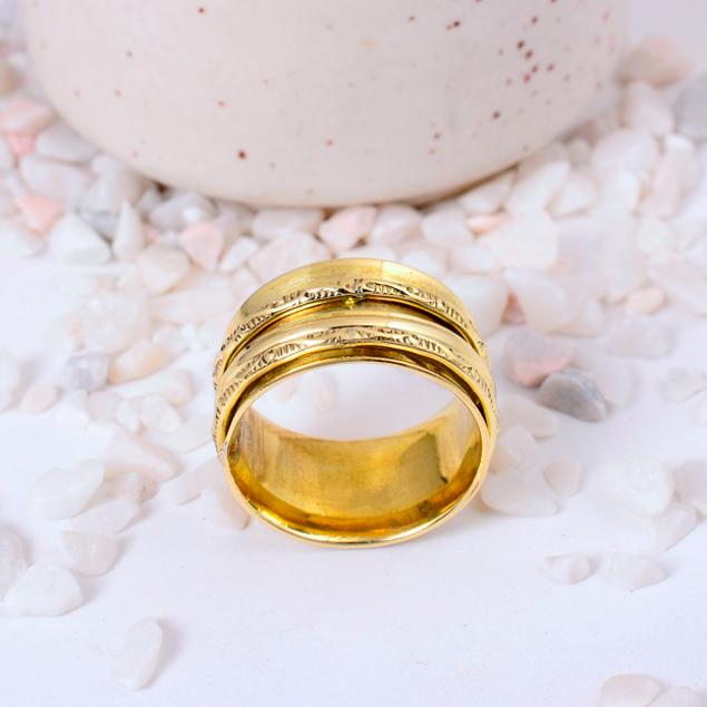 Two-Band Brass Spinner Fidget Ring | Woven Geometric & Floral Pattern | Unique Anxiety Relief Statement Accessory