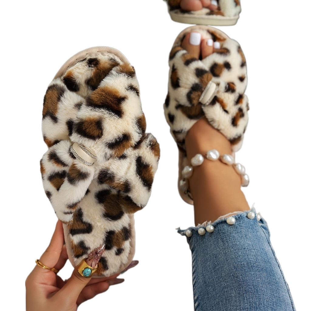Autumn Winter Leopard Print Slippers Women's Fashion Plush Fur Slides Home Flip Flops Indoor Warm EVA Anti Slip Living Room Shoe