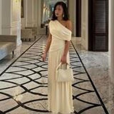 European and American Style Long Dress Women's Clothing 2025 Summer New Fashion Sexy Asymmetrical Neckline Pleated Irregular Solid Color Dress