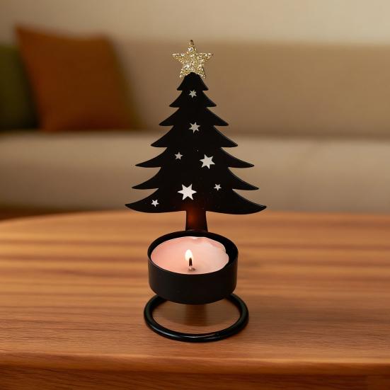 Metal Christmas Tree Candlestick Small Tree Shaped Candle Holder Holiday Tabletop Centerpiece for Home Shelf Fireplace Decor