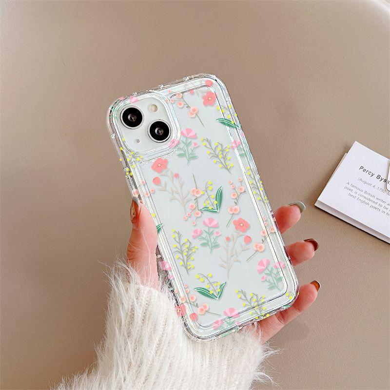 Simple pink flower iPhone15promax mobile phone case Apple 14 transparent 13/12 fine hole anti-drop 11