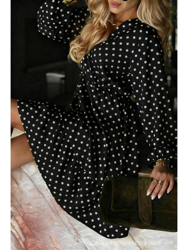Modna Damska Luźna Sukienka w Kropki z Długim Rękawem i Plisami